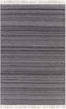 Close-up of the hand woven Thabazimbi Area Rug. Charcoal, dark brown, light gray, and off white horizontal stripes. Fringe detail. Design-Rectangle-576