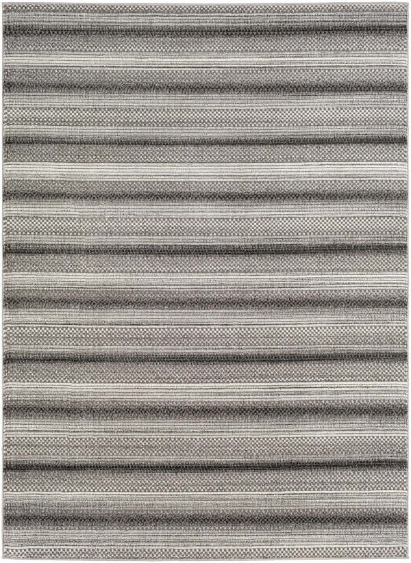 Close-up of the Theilman Carpet. The rug features a striped pattern in black, cream, and gray tones. Design-Rectangle-5373