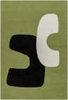 Close-up of the Terah Olive Area Rug. Contemporary design with jet black and light silver shapes on a moss green background. Design-Rectangle-576