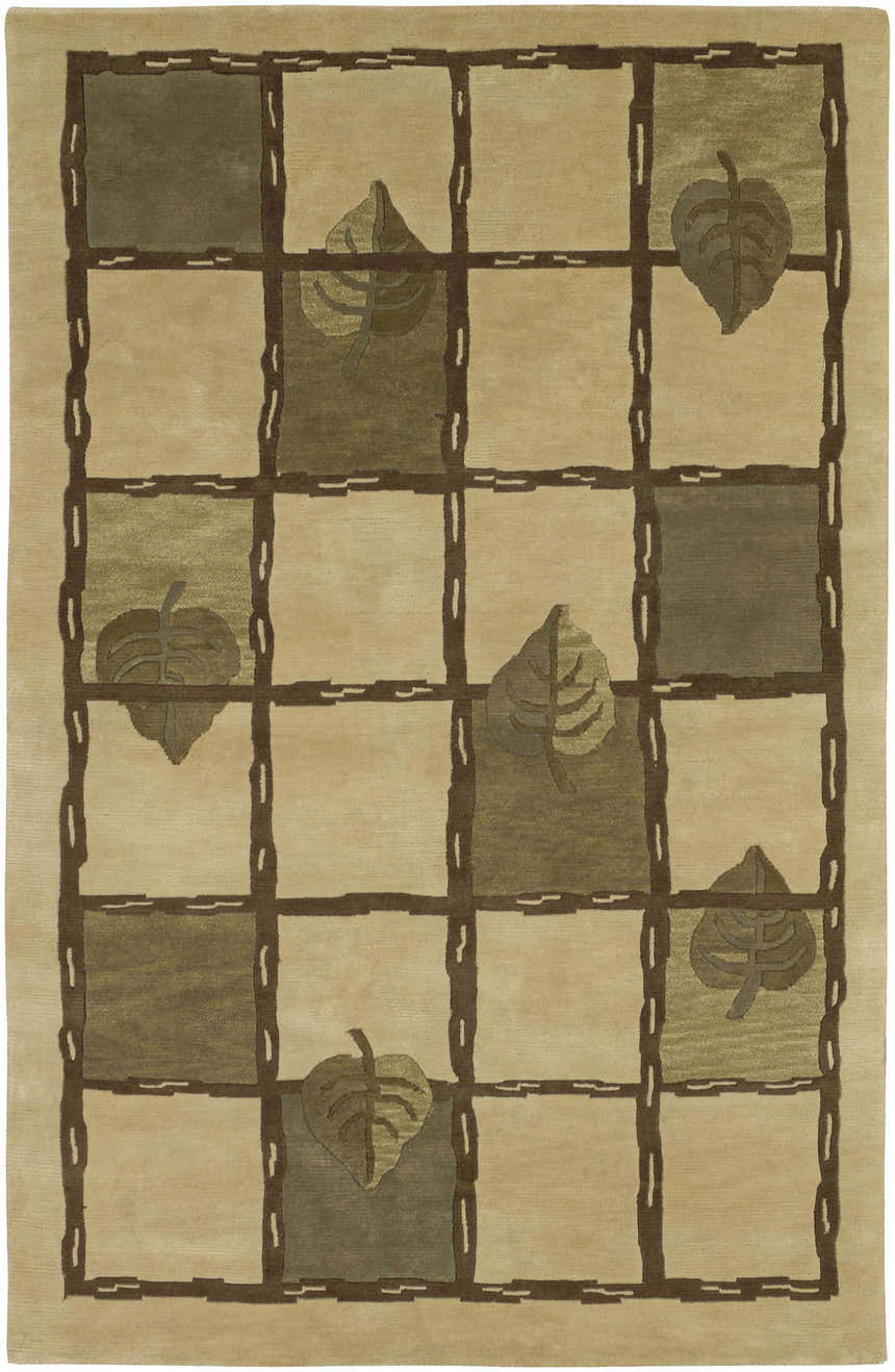 Thiells Area Rug features a camel and brown grid pattern with leaf accents. Hand-knotted wool rug. Contemporary style. Design-Rectangle-58