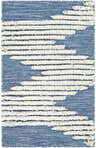 Close-up of the Thika Area Rug, featuring a bright blue wool background and a cream shag geometric pattern. Design-Rectangle-23