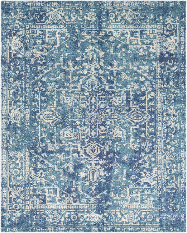 Close-up of the Thousandsticks Area Rug. Machine-woven polypropylene rug in light beige, navy, peach, and teal with a vintage oriental pattern. Design-Rectangle-710103