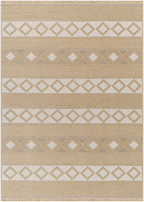 Close-up of the Tomai Washable Jute Rug: beige, cream, and tan rug with diamond and chevron patterns. Farmhouse style. Design-Rectangle-537