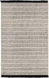 Close-up of the Thorold Area Rug. Beige and black, hand-woven wool rug with horizontal stripes and fringe. Design-Rectangle-576