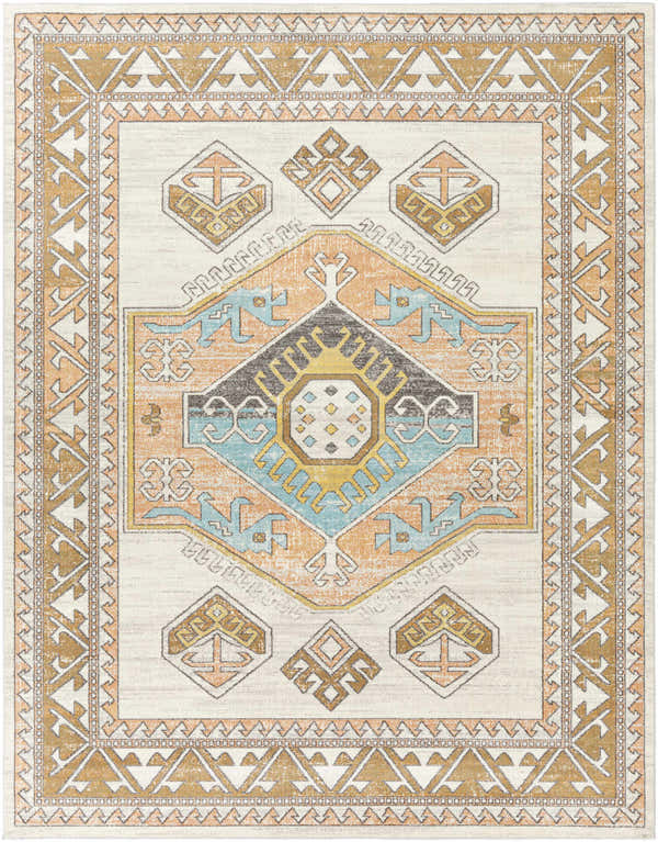 Close-up of the Thornleigh Area Rug. Bohemian design with brown, charcoal, dusty coral, and pale blue geometric patterns. Design-Rectangle-71010