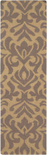 Close-up of the Thorndale Area Rug. Dark brown and tan wool rug with a symmetrical, contemporary pattern. Design-Runner-268