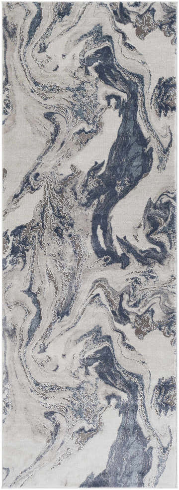 Close-up of the Moana Denim Blue Marble Area Rug featuring a swirling abstract pattern in denim, navy, gray, and white. Design-Runner-2777
