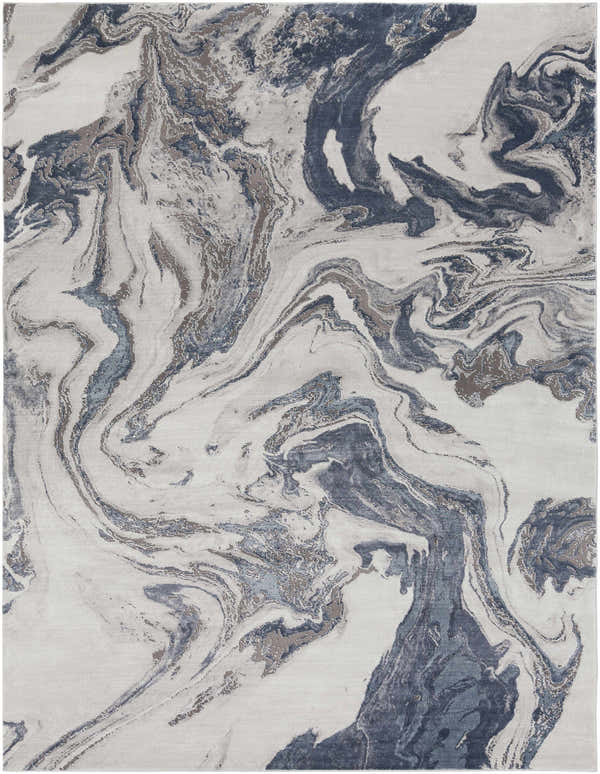 Close-up of the Moana Denim Blue Marble Area Rug. Features a swirling marble pattern in denim blue, gray, and white. Design-Rectangle-710102