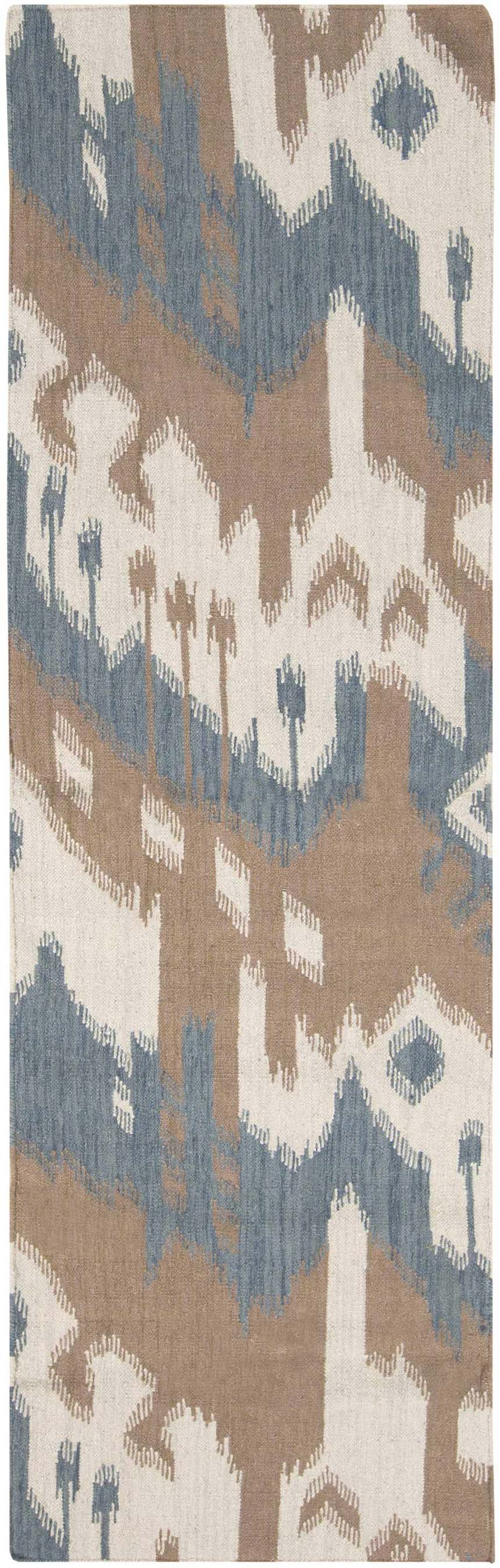 Close-up of Thunderbolt Area Rug. Hand-woven wool rug with contemporary light beige, brown, gray, and peach Southwestern pattern. Design-Runner-268