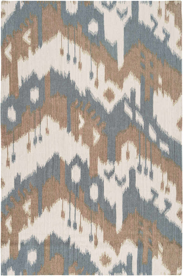 Close-up of Thunderbolt Area Carpet. Hand-woven wool rug with light beige, brown, gray, and peach Southwestern pattern. Design-Rectangle-58