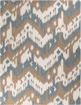 Close-up of the Thunderbolt Area Rug. Hand-woven wool rug with a contemporary Southwestern design in beige, brown, and gray. Design-Rectangle-811