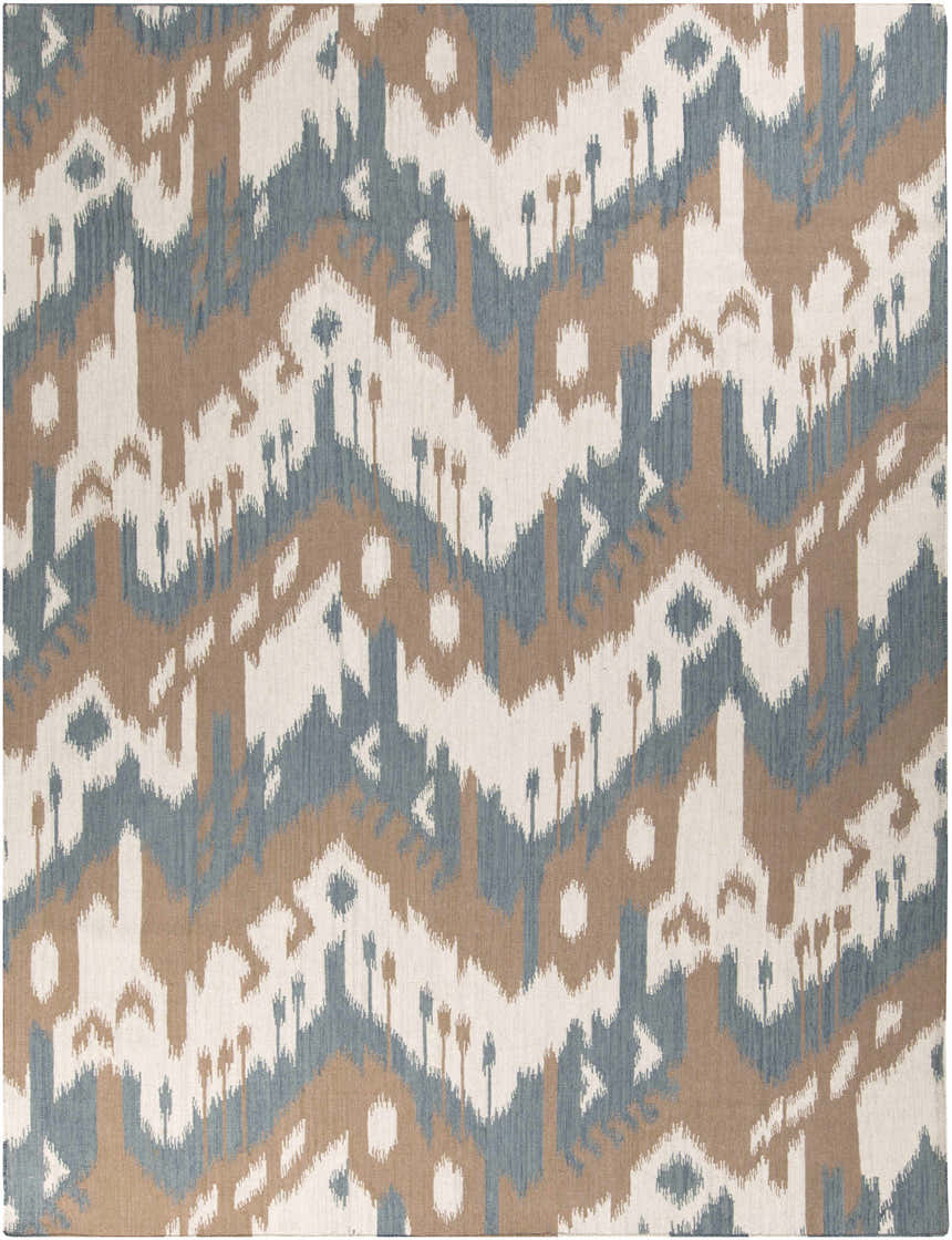 Close-up of the Thunderbolt Area Rug. Hand-woven wool rug with a contemporary Southwestern design in beige, brown, and gray. Design-Rectangle-811