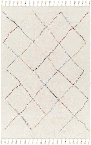 Close-up of Tigao Area Rug: Cream shag rug with diamond pattern in black, orange, pink, navy, and olive. Tassels on both ends. Design-Rectangle-537