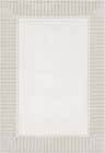 Close-up of the Tickfaw Area Rug. Taupe and white olefin rug with a striped border. Contemporary style. Design-Rectangle-5376