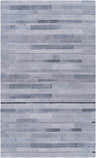 Close-up of the Tieri Area Rug in charcoal, slate, and slate blue. Hand-crafted leather rug with a Scandinavian design. Design-Rectangle-58