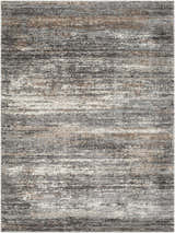 Close-up of the Tigaon Luxe Thick Area Rug. Contemporary design with black, brown, cream, gray, and tan hues. Design-Rectangle-537