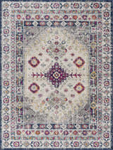 Detailed view of the Tigrim Beige 2306 Area Rug, featuring a bohemian-inspired floral pattern in beige, ivory, and navy. Design-Rectangle-286