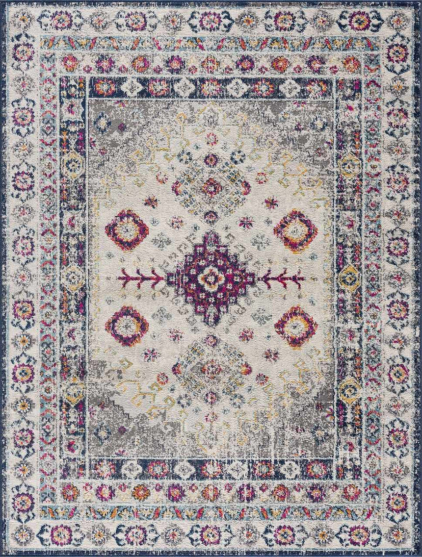 Detailed view of the Tigrim Beige 2306 Area Rug, featuring a bohemian-inspired floral pattern in beige, ivory, and navy. Design-Rectangle-286