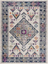 Close-up of Tigriv Ivory 2312 Area Rug. Bohemian style rug with ivory background and gray, navy, and orange geometric patterns. Design-Rectangle-2312