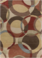 Close-up of the Tilbury Modern Hand Tufted Wool Rug featuring a geometric circle pattern in brick red, brown, tan, and gray. Design-Rectangle-1014