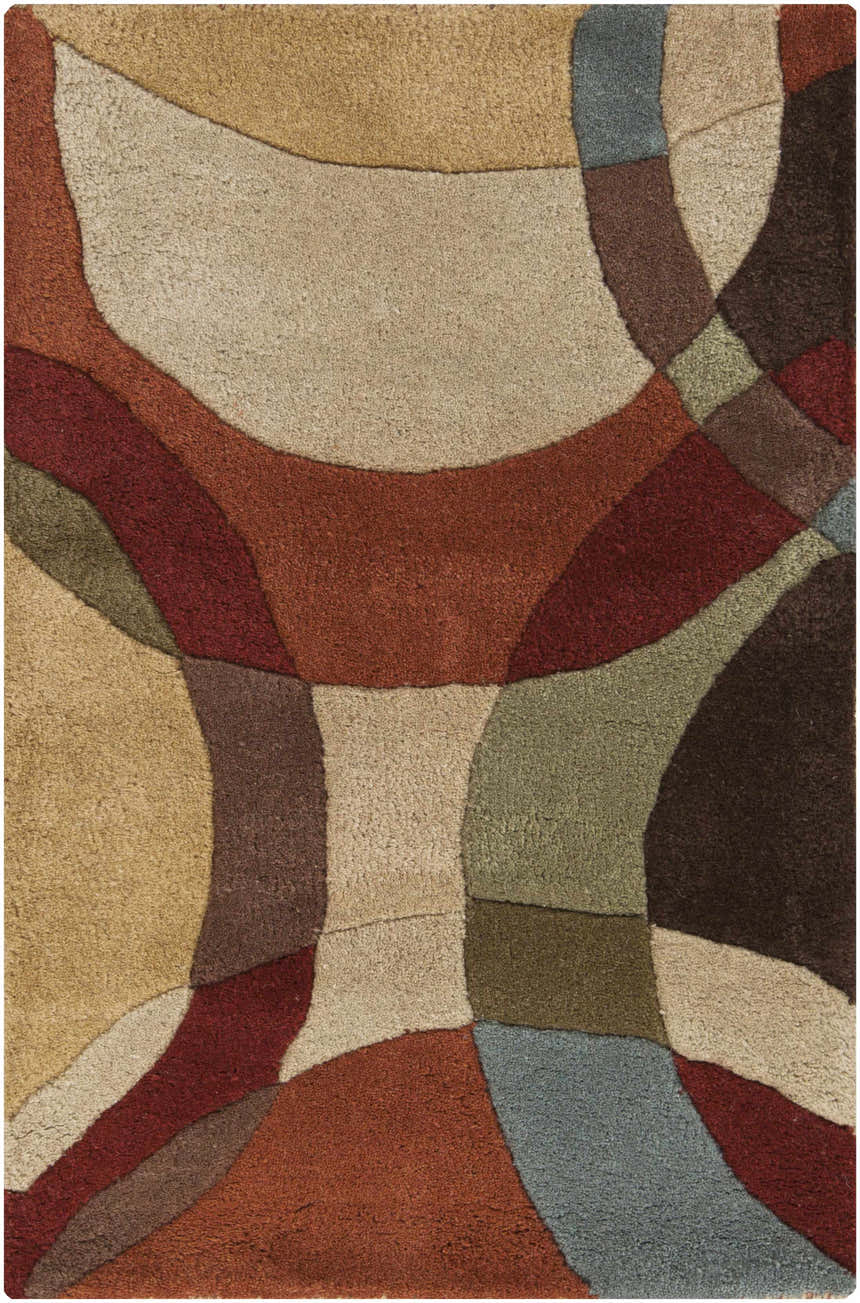 Close-up of the Tilbury Modern Hand Tufted Wool Rug, featuring a geometric pattern in brick red, tan, and olive hues. Design-Rectangle-23
