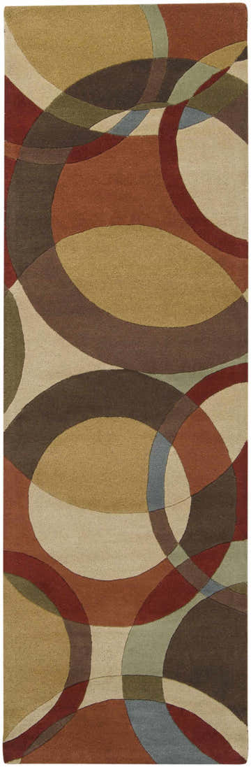 Close-up of the Tilbury Modern Hand Tufted Wool Rug with geometric circles in brick red, brown, tan, and olive. Design-Runner-268