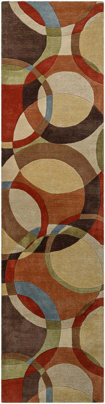 Close-up of the Tilbury Modern Hand Tufted Wool Rug, featuring geometric circles in brick red, brown, tan, olive, and blue. Design-Runner-312