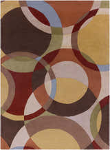Close-up of the Tilbury Modern Hand Tufted Wool Rug featuring a geometric circle pattern in brick red, brown, tan, olive, and gray. Design-Rectangle-811