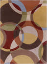 Close-up of the Tilbury Modern Hand Tufted Wool Rug featuring a geometric circle pattern in brick red, brown, tan, olive, and gray. Design-Rectangle-811
