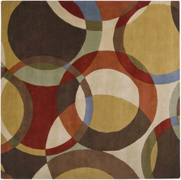 Close-up of the Tilbury Modern rug, hand-tufted wool with geometric circles in brick red, brown, tan, and olive. Design-Square-8
