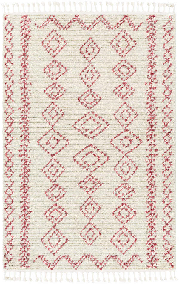 Close-up of the Tinawagan Area Rug. Cream rug with red diamond and geometric pattern and tassels. Farmhouse style. Design-Rectangle-537
