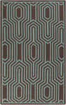 Close-up of the Titusville Area Rug. Dark brown wool rug with a geometric sage green pattern. Hand woven rug. Design-Rectangle-58