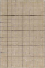 Close-up of the Toshi Beige Area Rug, a hand-tufted wool rug with a contemporary black and gray grid pattern on a tan background. Design-Rectangle-576