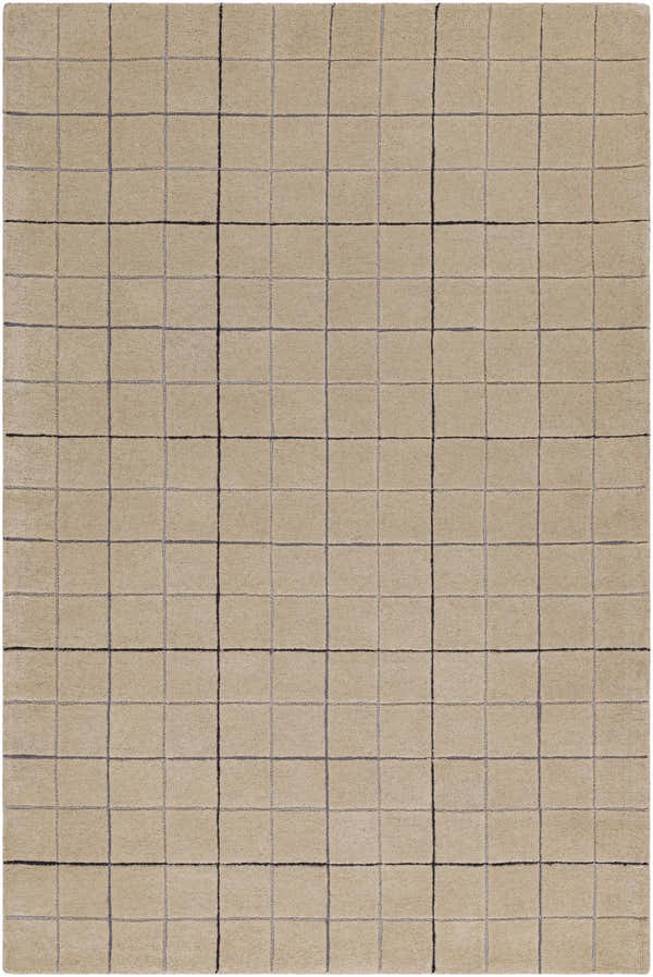 Close-up of the Toshi Beige Area Rug, a hand-tufted wool rug with a contemporary black and gray grid pattern on a tan background. Design-Rectangle-576