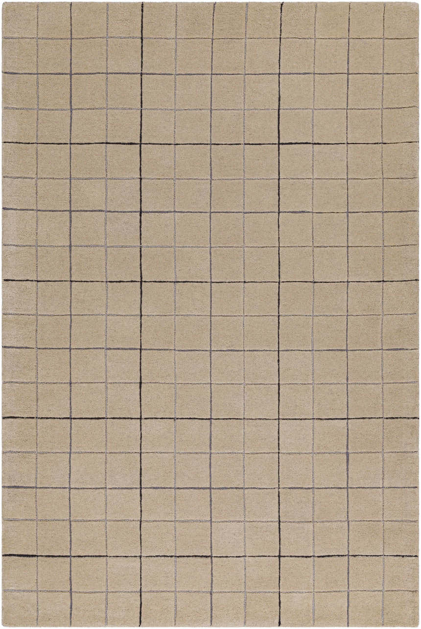 Close-up of the Toshi Beige Area Rug, a hand-tufted wool rug with a contemporary black and gray grid pattern on a tan background. Design-Rectangle-576