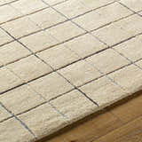 Close-up of the Toshi Beige Area Rug featuring a geometric grid pattern in tan and gray on a wood floor. Texture