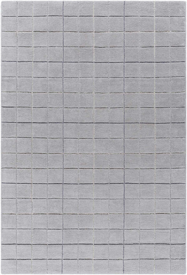 Close-up of the Toshi Sterling Gray Area Rug. Hand-tufted wool rug with a modern grid pattern in shades of gray and silver. Design-Rectangle-576
