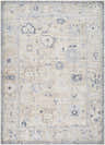 Close-up of the Toddy Area Rug, a beige rug with charcoal and slate blue traditional patterns and a border. Design-Rectangle