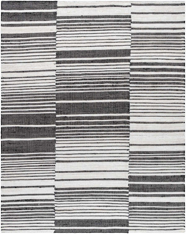 Close-up of the Tania Area Rug. Hand-woven 100% jute rug in black and cream stripes, farmhouse style. Design-Rectangle-810