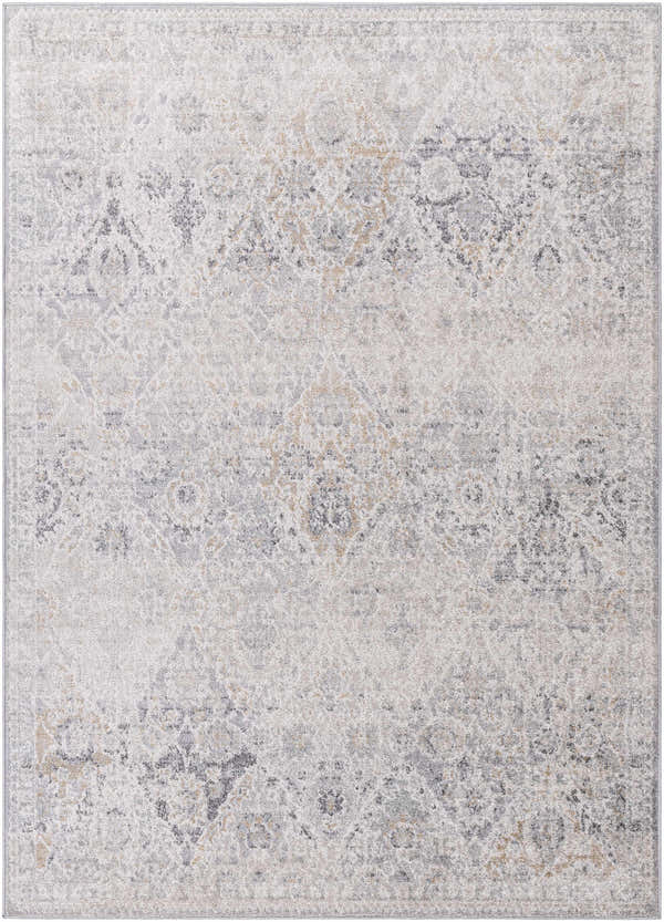 Close-up of the Totsi Area Rug - Clearance, featuring a traditional pattern in blue, charcoal, cream, and gray tones. Design-Rectangle-5373