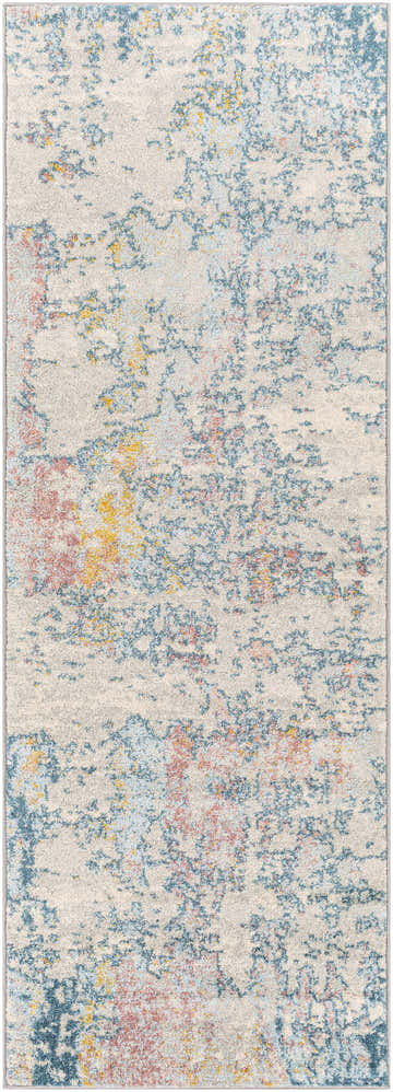 Close-up of the Tambalisa Abstract Area Rug. Cream rug with dusty coral, light gray, pale blue, teal, and yellow abstract design. Design-Runner-2773