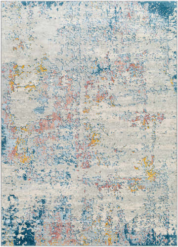 Close-up of the Tambalisa Abstract Area Rug. Cream rug with dusty coral, light gray, pale blue, teal, and yellow abstract pattern. Design-Rectangle-679