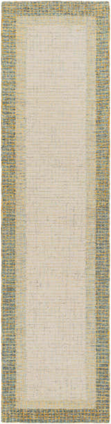 Close-up of the Tandayag Area Rug. Cream rug with a dusty sage and light beige striped border. 100% wool, hand-tufted texture. Design-Runner-2610
