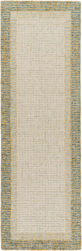 Close-up of the Tandayag Area Rug. Hand-tufted wool rug in cream, light beige, and sage with a striped border. Design-Runner-268