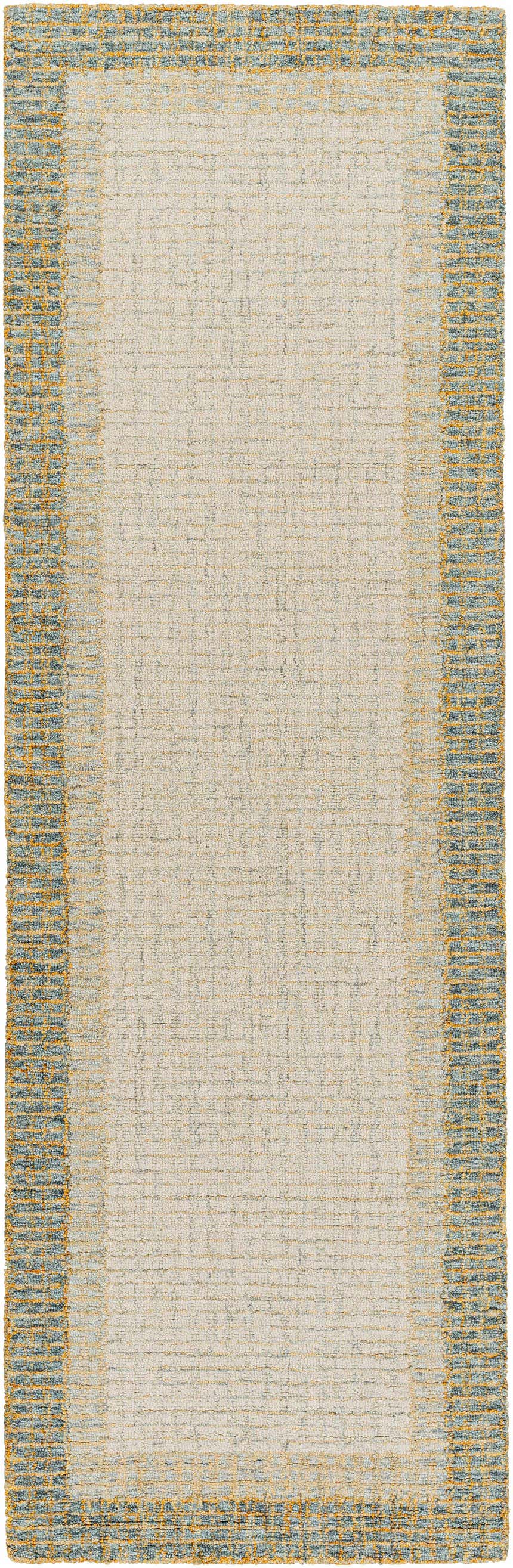 Close-up of the Tandayag Area Rug. Hand-tufted wool rug in cream, light beige, and sage with a striped border. Design-Runner-268