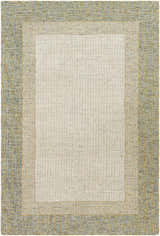 Close-up of the Tandayag Area Rug with a cream center and dusty sage, light beige, and tan striped border. Design-Rectangle-576