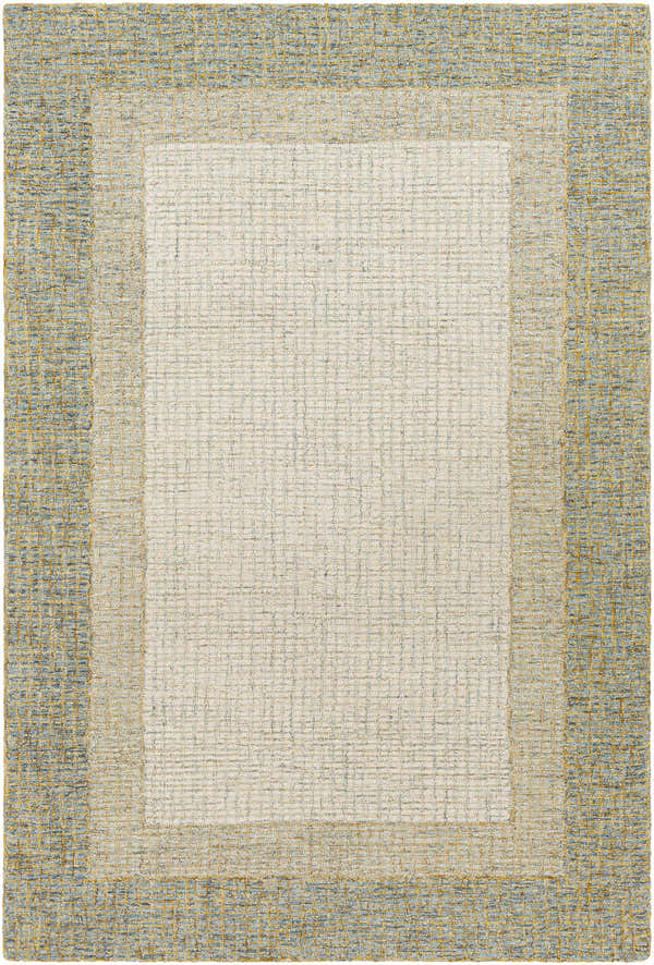 Close-up of the Tandayag Area Rug with a cream center and dusty sage, light beige, and tan striped border. Design-Rectangle-576