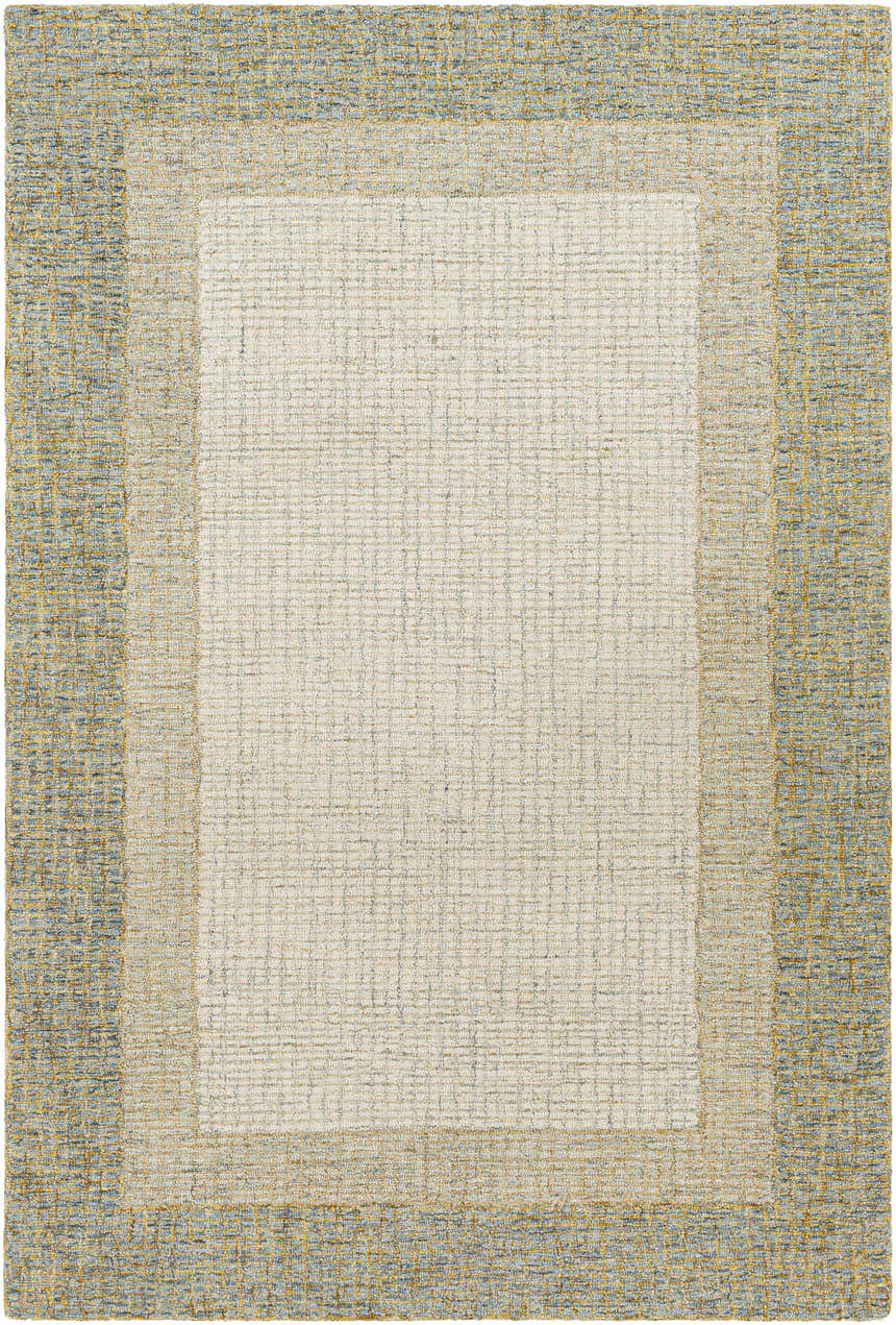 Close-up of the Tandayag Area Rug with a cream center and dusty sage, light beige, and tan striped border. Design-Rectangle-576
