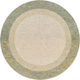 Close-up of round Tandayag Area Rug. Cream center, light beige ring, and dusty sage outer ring with subtle striped pattern. Design-Round-8