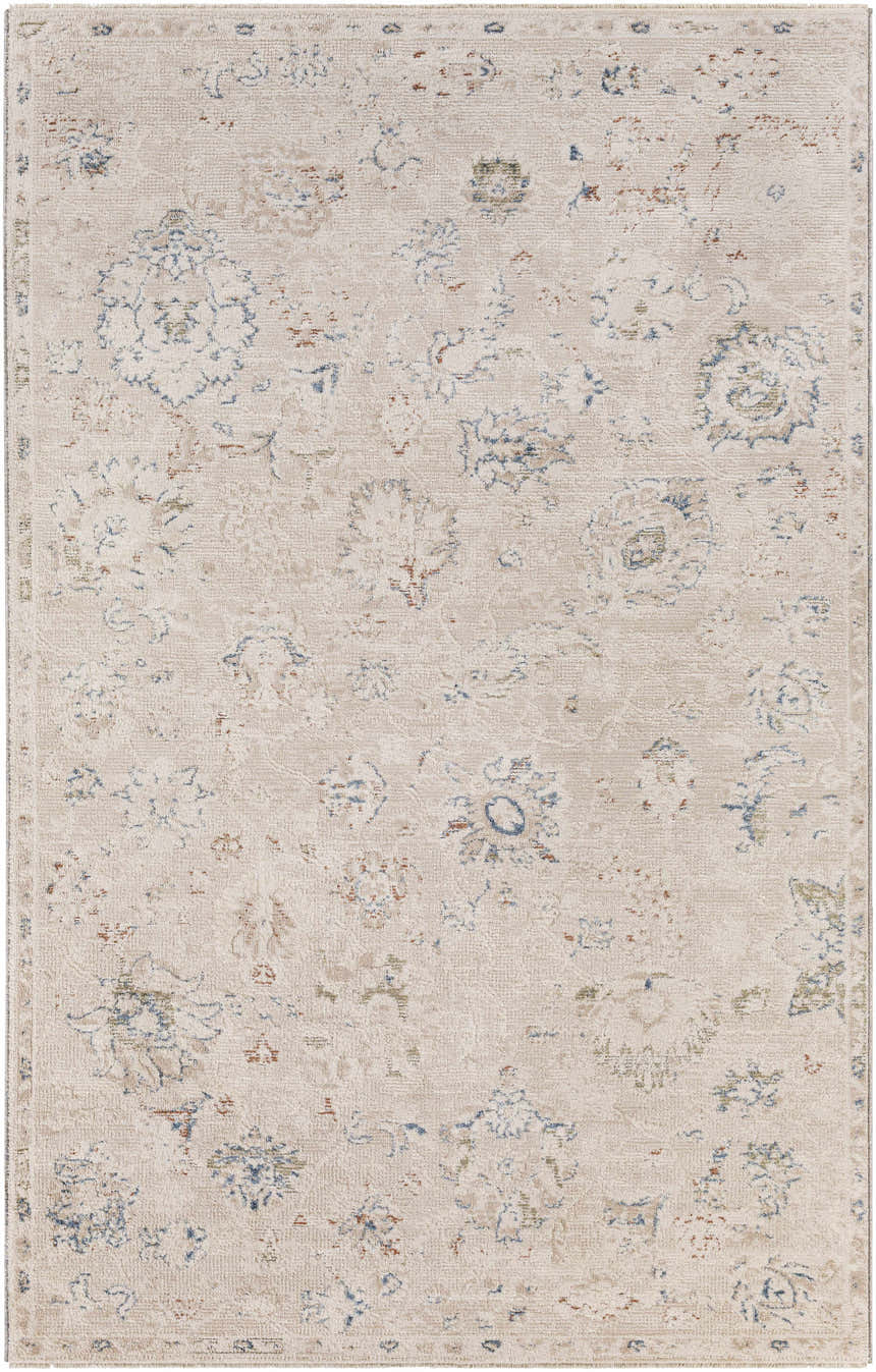 Close-up of the Tinampo Area Rug, a machine-woven polyester rug with a cream background and blue, olive, and rust floral accents. Design-Rectangle-579